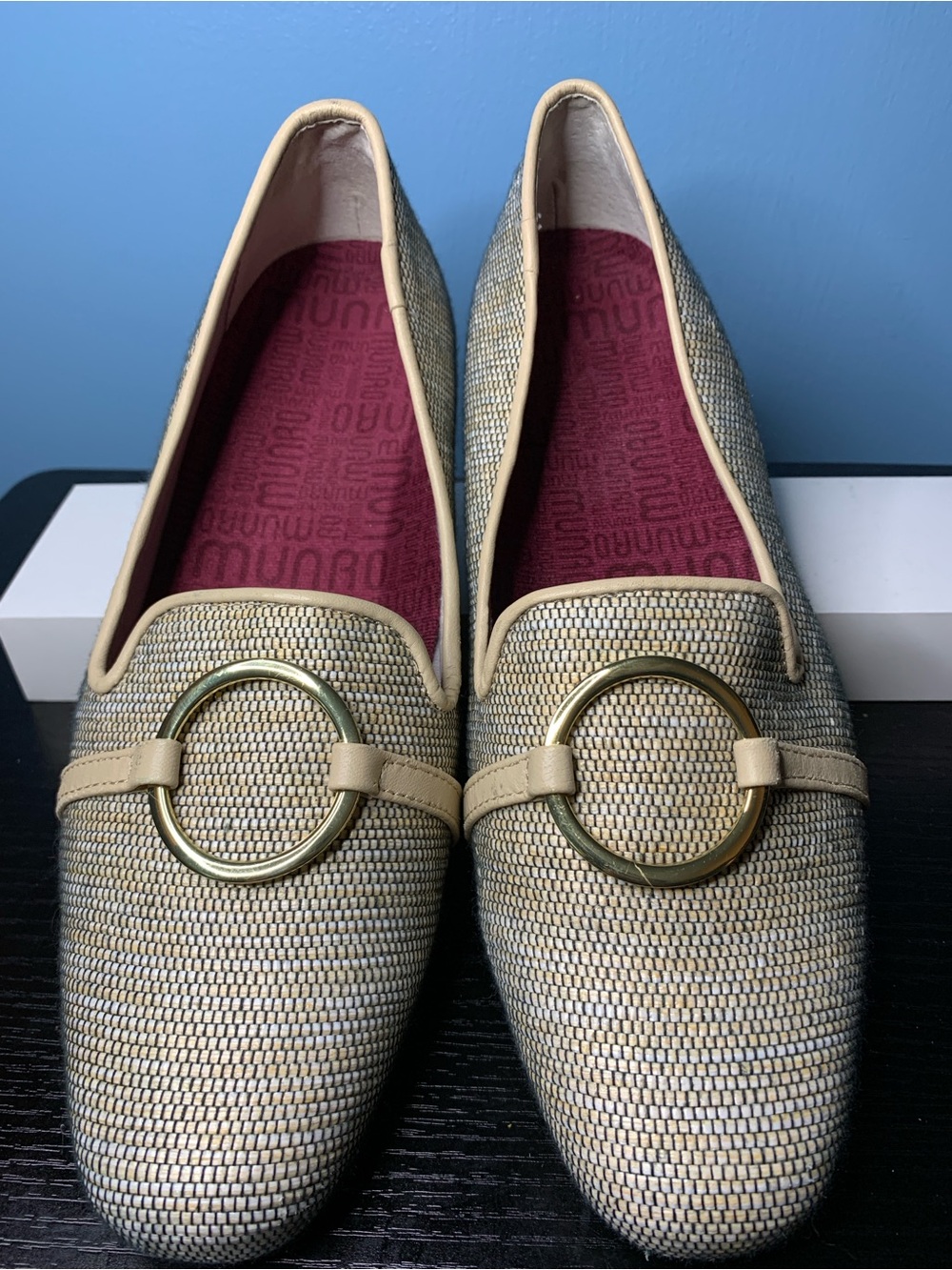 Munro Beige Woven Loafers with Gold Ring